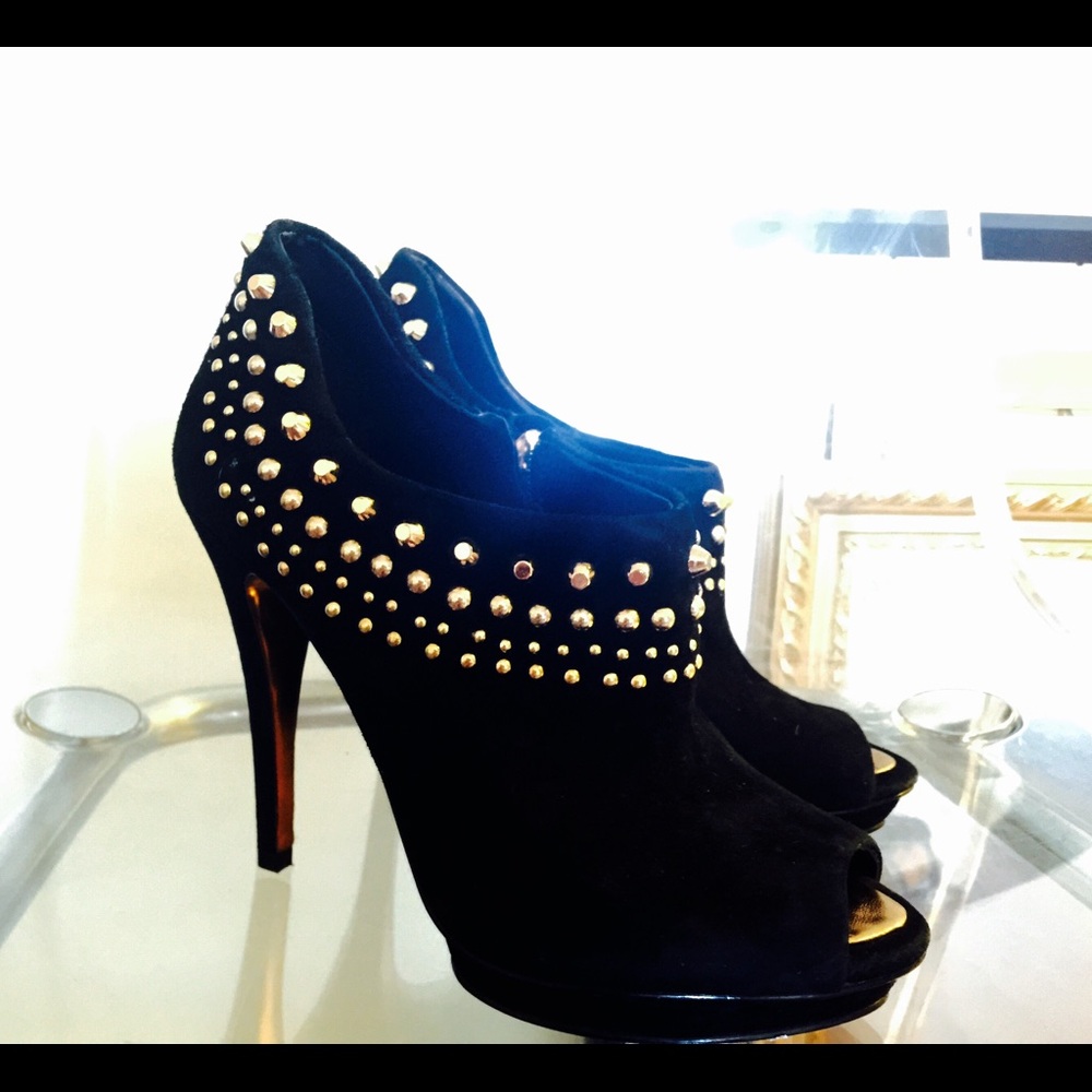 BCBGMaxAzria Black Genuine Suede Peep Toe Heels with Gold Studs